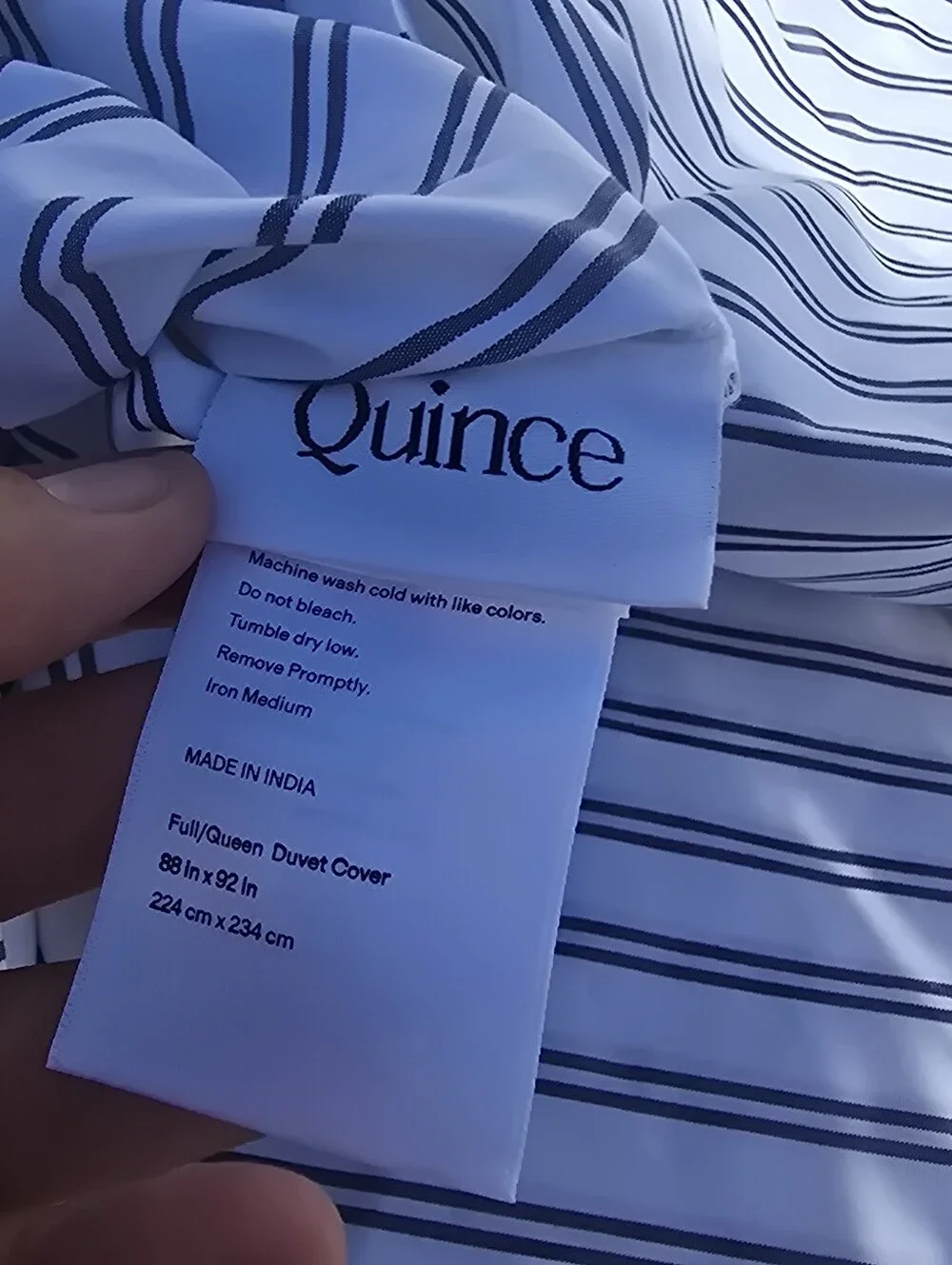 NWOT Quince Full / Queen Organic Crisp Percale Duvet Cover Navy Double Stripe